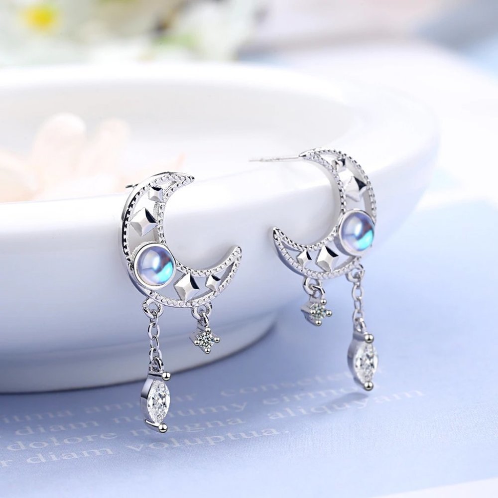 NEW 925 Sterling Silver Diamond Moon Earrings - Picture 6 of 8
